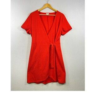 J.Crew Wrap Dress Womens Large Red Short Sleeve Textured Knit V-Neck Mini